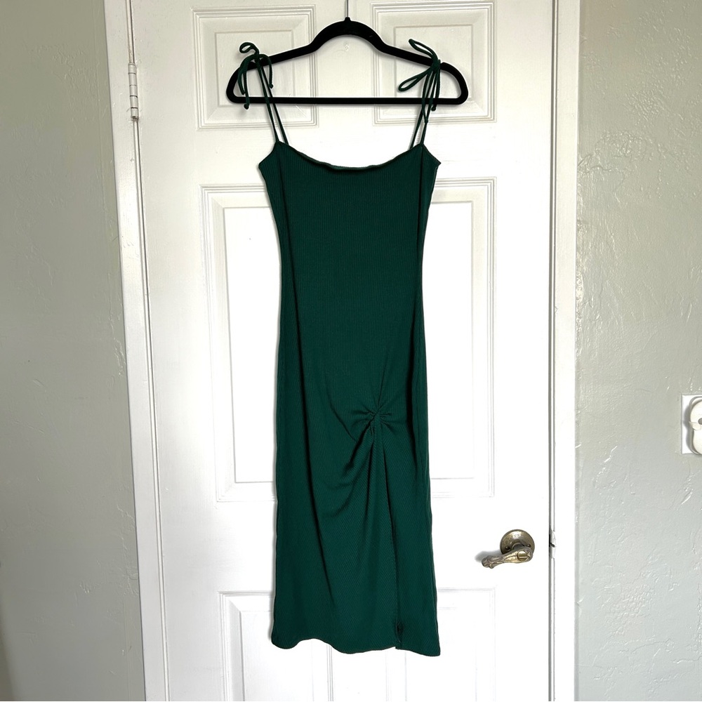 Reformation ribbed midi dress with front slit and tie straps, green, size medium
